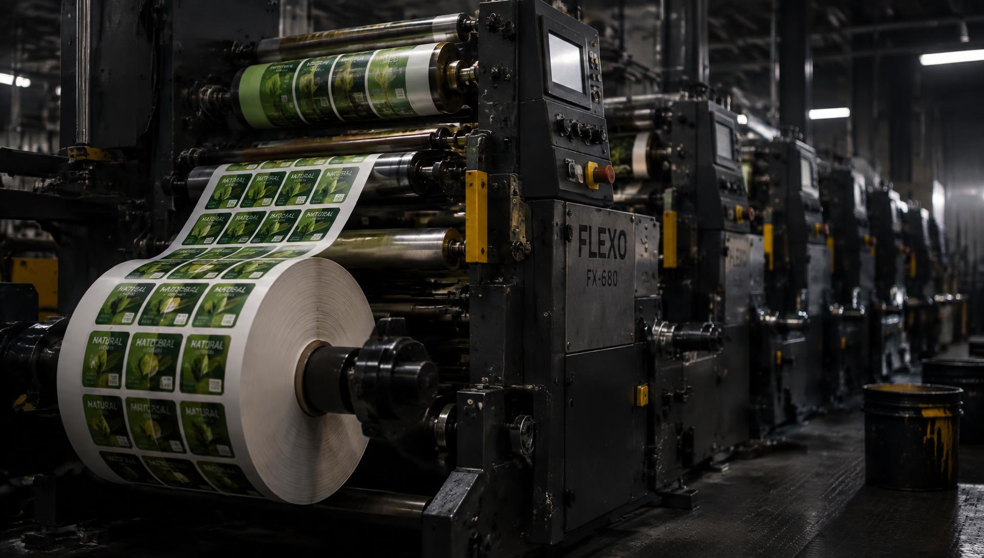 Illustrative image of a flexographic press printing a roll of green labels